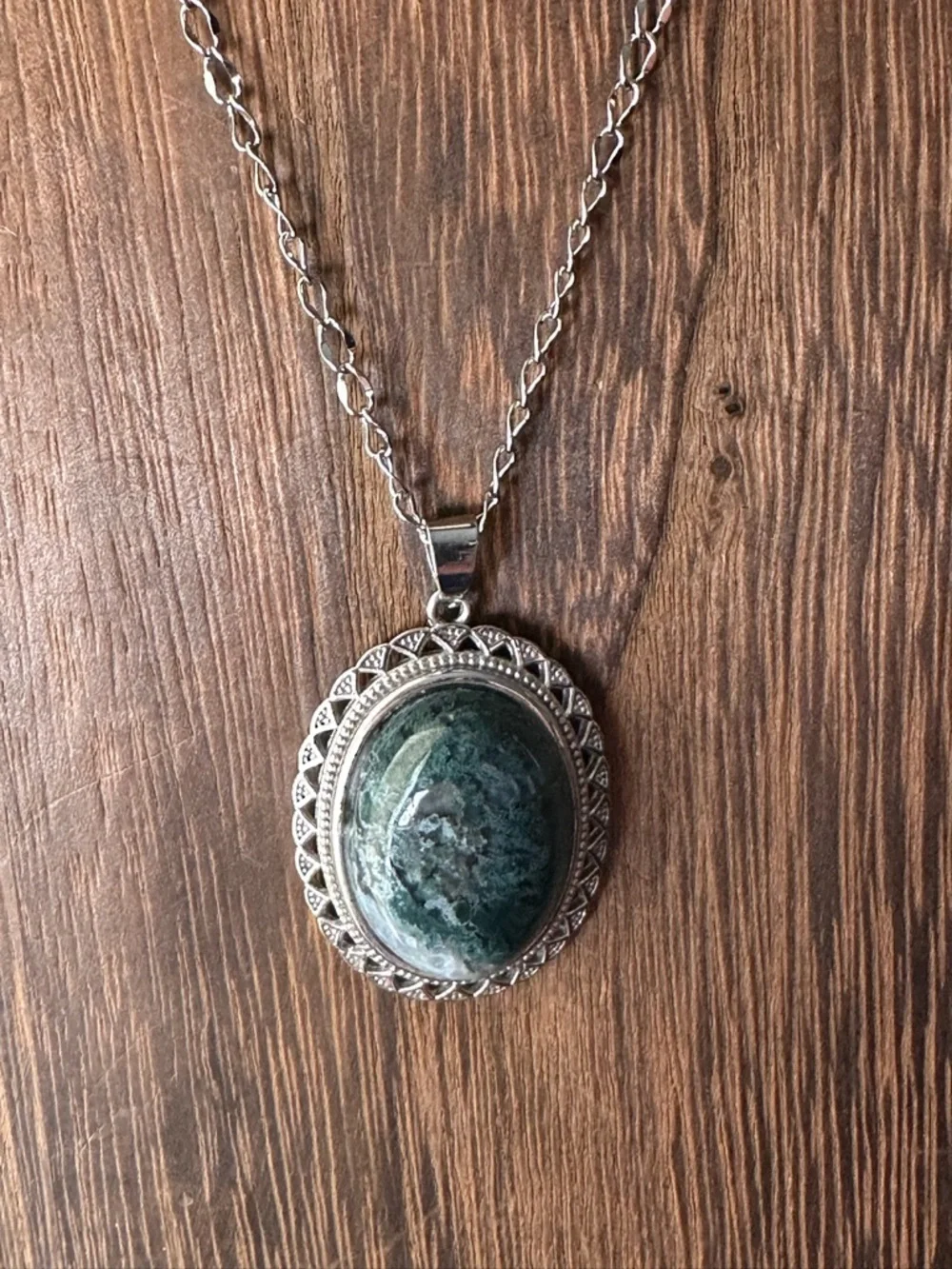 Silver-Tone Green Stone Oval Pendant Necklace - Women Jewelry - Picture 12 of 15